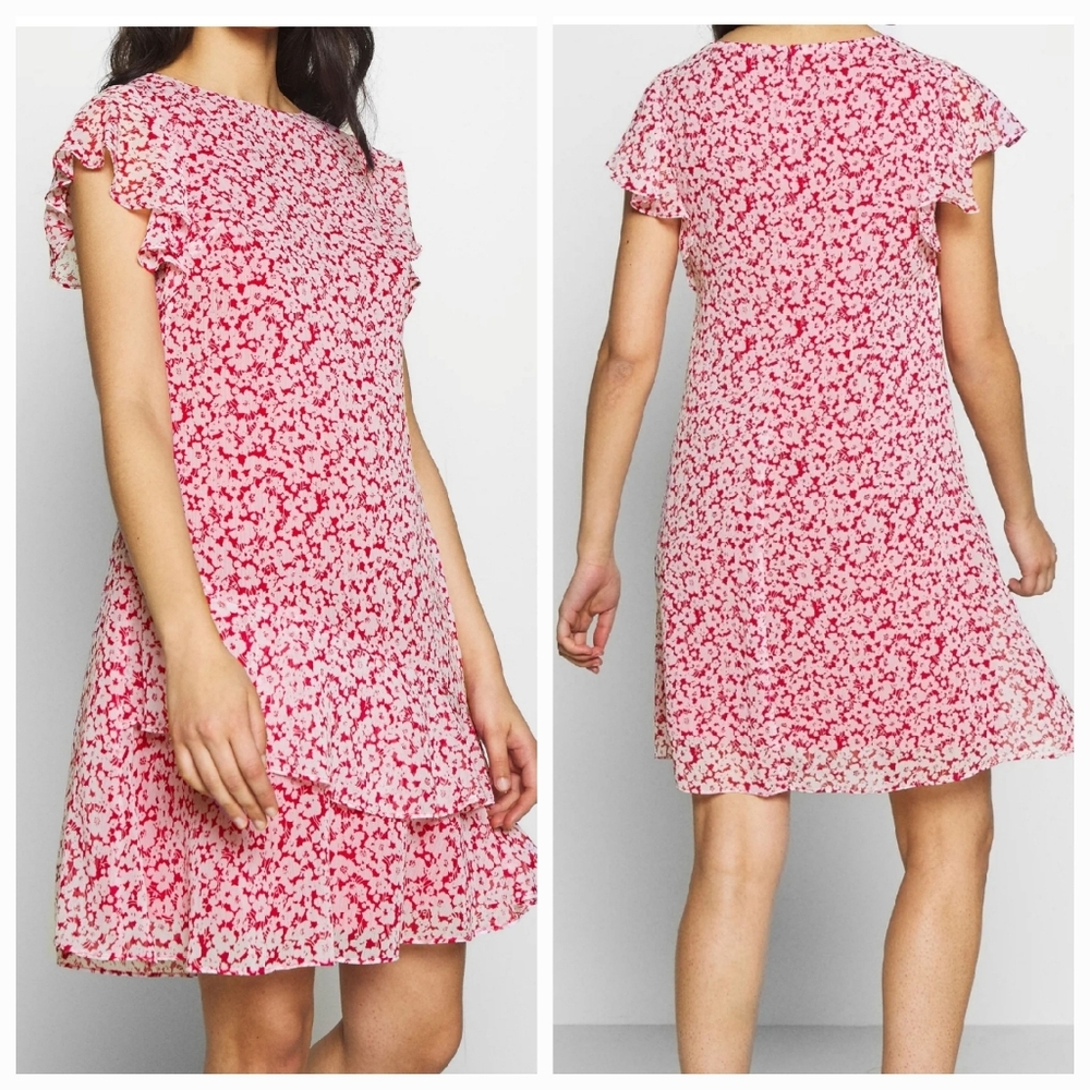Lauren Ralph Lauren Dainty Floral Red White Georgette Shift Dress Size 14